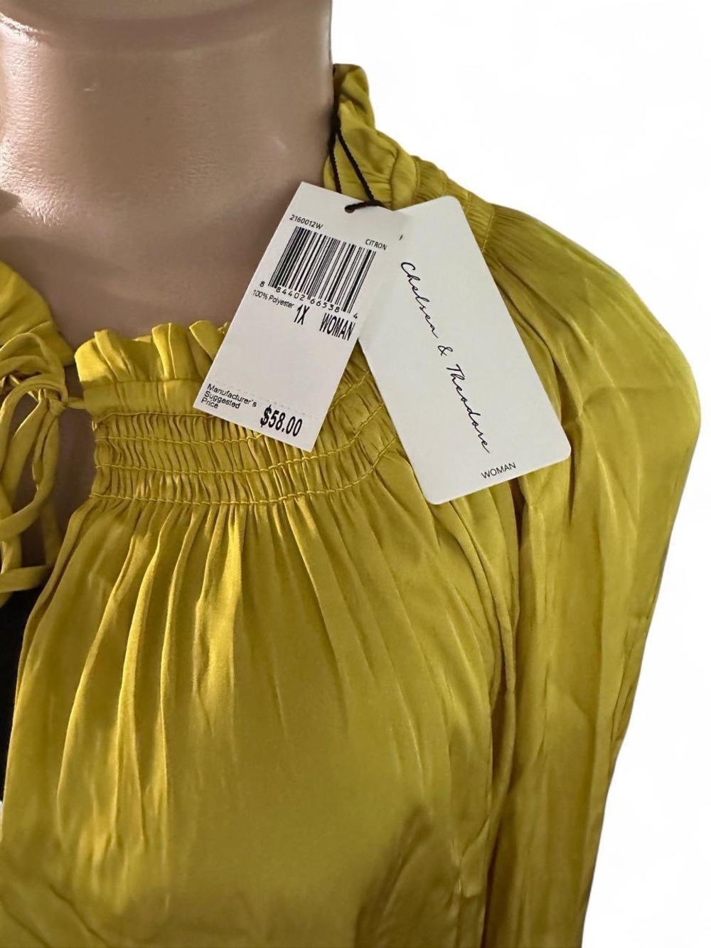 Chelsea & Theodore Satin Shirred-Neck Tunic in Yellow-Green